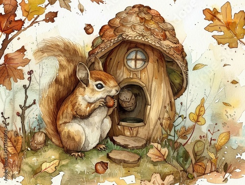 A mischievous squirrel hides a stash of acorns inside a tiny acornshaped house water color photo