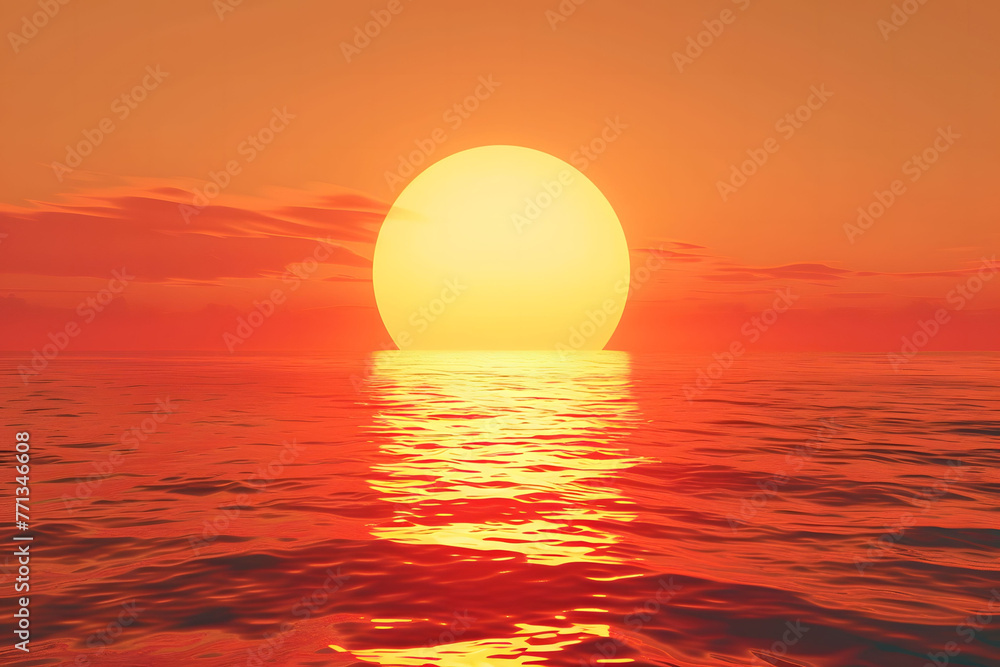 Red sunset over the sea. Large and round sun shining brightly against an orange sky with dark clouds. In front of it lies calm water reflecting its light. Red sunset over the sea. Large and round sun shining brightly against an orange sky with dark clouds. In front of it lies calm water reflecting its light.