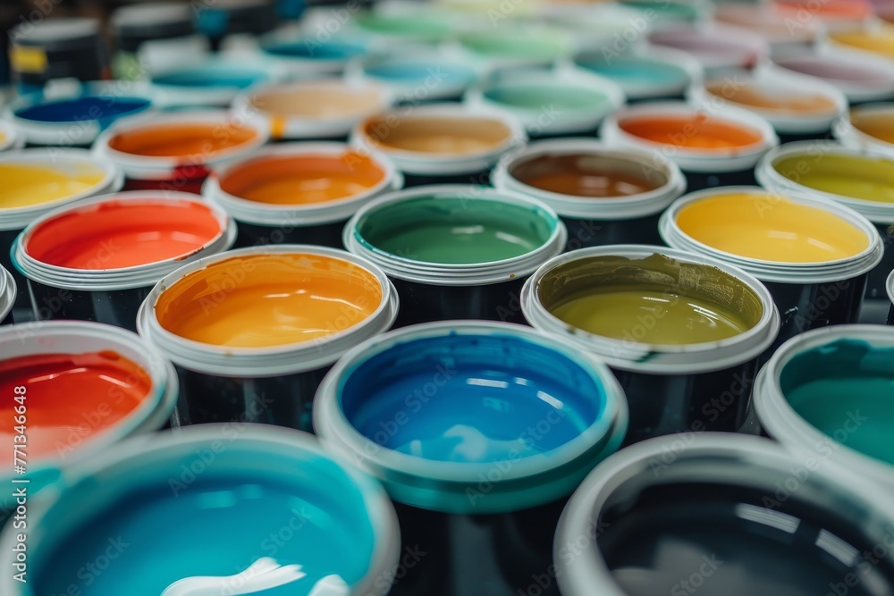 Industrial paints in cans, emphasizing the rugged texture and bold colors, natural warehouse lighting. Industrial paints in cans, emphasizing the rugged texture and bold colors, natural warehouse lighting.