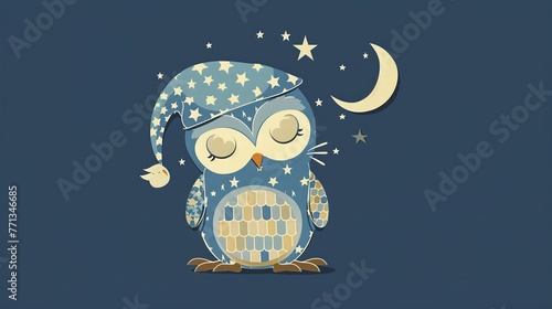 A sleepy owl with a nightcap wears pajamas decorated with stars and moons minimal photo