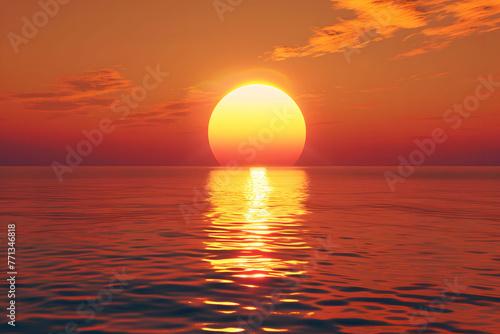 Red sunset over the sea. Large and round sun shining brightly against an orange sky with dark clouds. In front of it lies calm water reflecting its light.   © jex