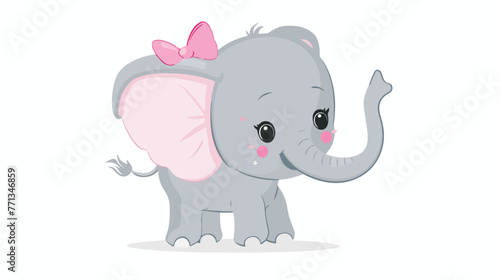 Cute elephant cartoon with pink bow on neck flat vector