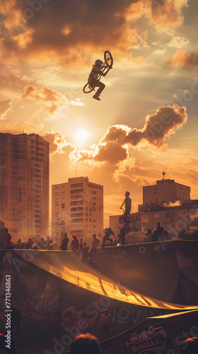 Action-Packed Extreme Urban Sports Scene - Thrilling Skateboard and BMX Stunts against Cityscape Backdrop