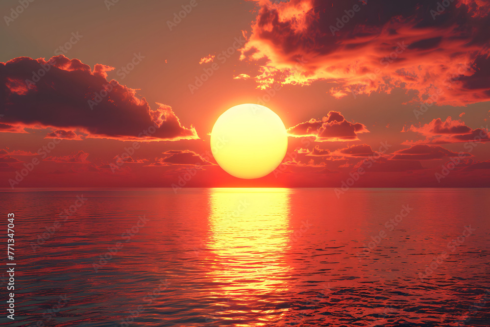 Red sunset over the sea. Large and round sun shining brightly against an orange sky with dark clouds. In front of it lies calm water reflecting its light.  