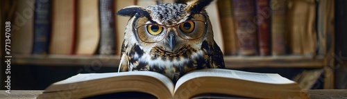 A wise owl wearing reading glasses studies a book filled with fascinating animal facts drawing photo