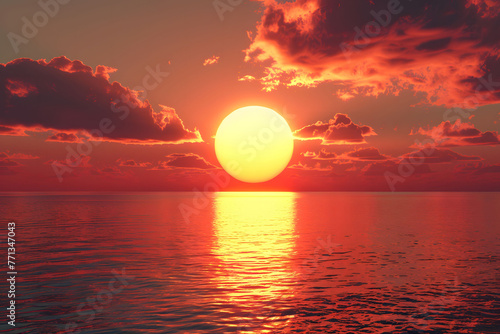 Red sunset over the sea. Large and round sun shining brightly against an orange sky with dark clouds. In front of it lies calm water reflecting its light.  