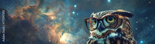 A wise owl wearing glasses teaches a class of young owls about the night sky vibrant colo