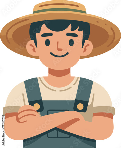 A happy farmer with crossed arms wearing overalls and a straw hat, depicted in a flat design style against a white background.