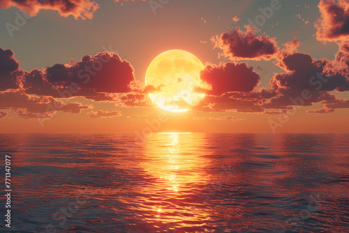 Red sunset over the sea. Large and round sun shining brightly against an orange sky with dark clouds. In front of it lies calm water reflecting its light.   © jex