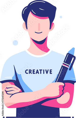 A content graphic designer with crossed arms wearing a creative t-shirt and holding a digital pen, depicted in a flat design style against a white background.