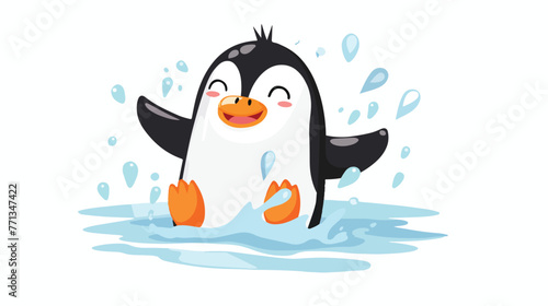 Cute penguin cartoon sliding on water flat vector isolated