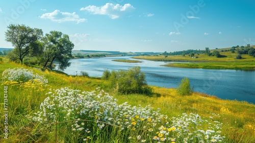 Beautiful summer or spring panoramic rural landscape with calm river and green hills with blooming wild flowers and trees at sunny summer day.River Upa in Tula region, ,Generative ai,  photo
