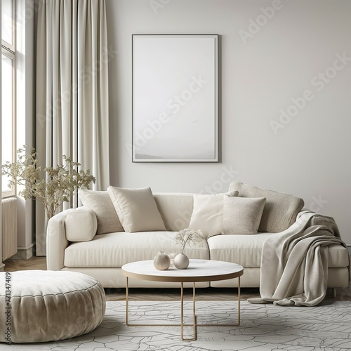 Frame mockup design, modern house background interior, living room wall poster mockup, 3D rendering
