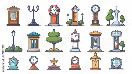 A collection of clocks and other timepieces, including a clock tower, a clock on a pole, and a clock on a building