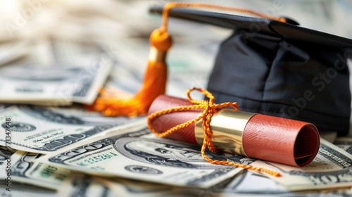 A graduation cap and diploma are on top of a pile of money. Concept of success and accomplishment, as the graduate has just completed their studies and is now ready to enter the workforce photo