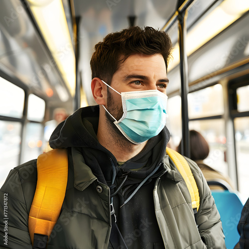 Commuter wearing a mask on public transportation isolated on white background, studio photography, png 