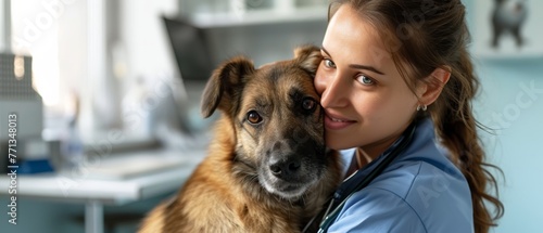 A female veterinarian in blue scrubs bonding with a brown dog, portraying trust and affection, suitable for pet care and animal health themes.