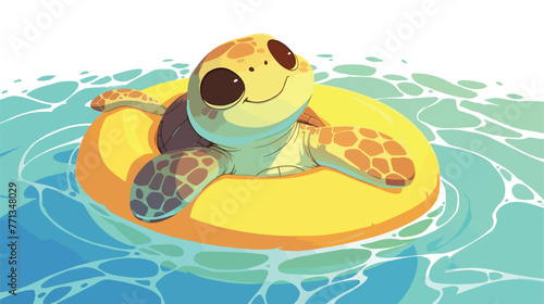 Cute turtle cartoon on inflatable round flat vector isolated photo