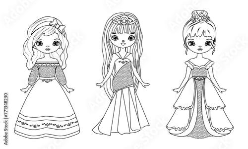Princess Coloring pages, Coloring book. Coloring pages for girls, kids. Set, collection. Doll outline. Cute girls. Vector illustration isolated on white background. Game , children drawing activity