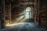 : Forgotten library, ancient books, single sunbeam.