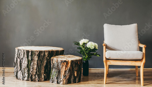 Stylish black and white home interior in rustic style with designer armchair and wooden log tablecloth. Creative Banner. Copyspace image