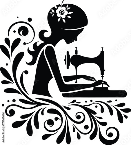 women silhouette, sewing, knitting, flowers ornament decoration, floral vector design. 