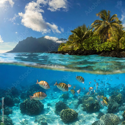 Tropical seascape over and under water island coastline and group of fish underwater Pacific ocean French Polynesia Oceania. Creative Banner. Copyspace image
