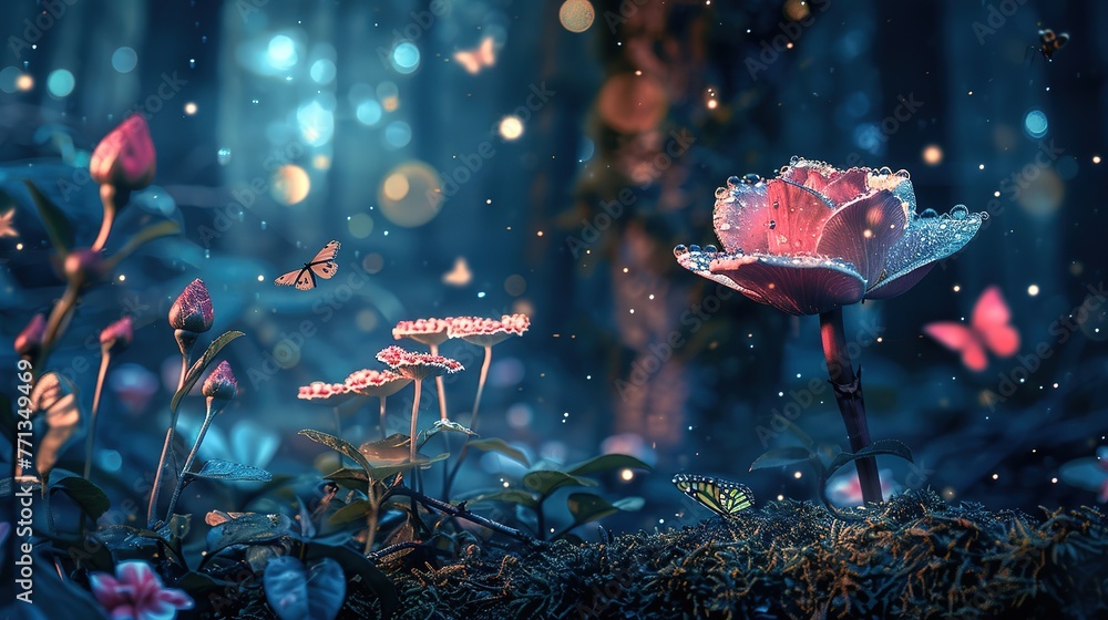 Naklejka premium Fantasy Magical Mushrooms and Butterflies in enchanted Fairy Tale dreamy elf Forest with fabulous fairytale blooming pink Rose Flower on mysterious nature background and shiny shining moonlight
