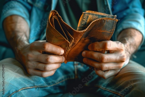  Bankruptcy problem financial concept, Young man opening empty wallet stress to find money to pay debt mortgage period photo