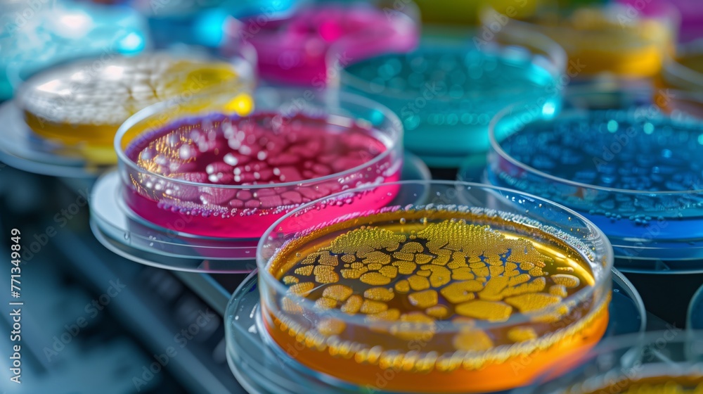 Microbial Growth Observation in Laboratory Petri Dishes. Collection of petri dishes display varying stages of microbial growth, indicative of laboratory testing and biological research. Microbial Growth Observation in Laboratory Petri Dishes. Collection of petri dishes display varying stages of microbial growth, indicative of laboratory testing and biological research.