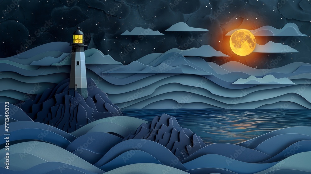A lighthouse is on a rocky shoreline with a large moon in the sky. Scene is serene and peaceful, with the lighthouse serving as a beacon of light in the darkness