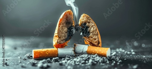 Closeup of human lungs damaged by smoking, cigarettes and smoke on table - Smoker, stop smoking, nicotine, death, drugs, cancer disease photo