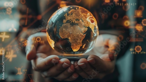 A person is holding a globe in their hands. The globe is surrounded by a lot of different symbols and numbers. Concept of curiosity and wonder about the world and its many mysteries