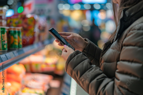 Woman shopping in supermarket looking at shopping list on phone screen with shopping list Compare prices at stores