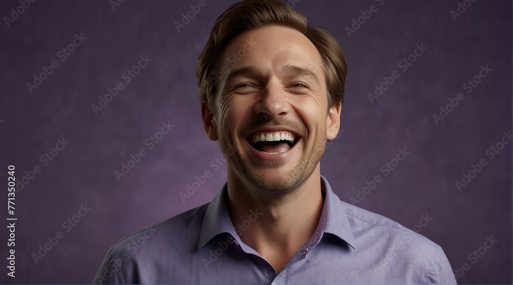 young caucasian middle aged man on plain bright purple background laughing hysterically looking at camera background banner template ad marketing concept from Generative AI