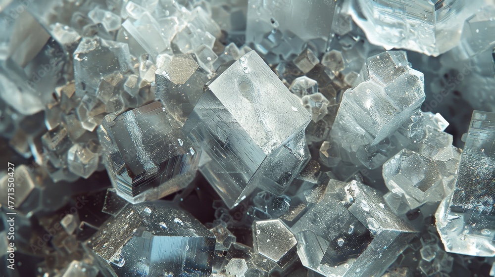 A close up of a pile of ice crystals. The crystals are all different shapes and sizes, and they are all covered in a thin layer of water. Concept of wonder and awe at the beauty of nature A close up of a pile of ice crystals. The crystals are all different shapes and sizes, and they are all covered in a thin layer of water. Concept of wonder and awe at the beauty of nature