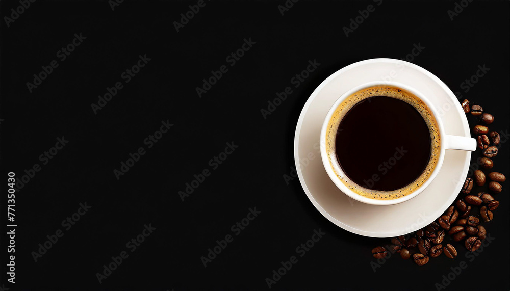 Cup of coffee on black background. Copy space. Top view. Flat lay. Panorama Cup of coffee on black background. Copy space. Top view. Flat lay. Panorama