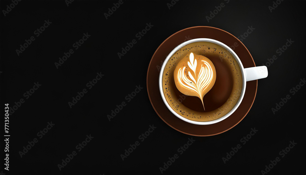 Cup of coffee on black background. Copy space. Top view. Flat lay. Panorama Cup of coffee on black background. Copy space. Top view. Flat lay. Panorama