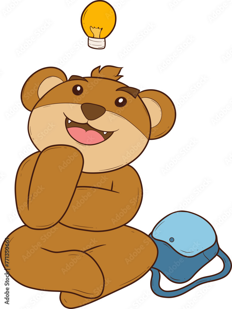 Fototapeta premium Cartoon bear with a light bulb idea above its head