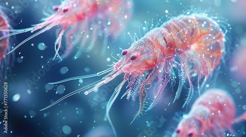 A group of pink shrimp are swimming in the ocean. The water is blue and the shrimp are in various positions © Sodapeaw
