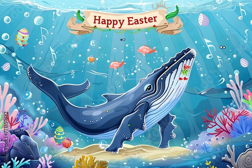 a cartoon cute humpback whale holding a giant easter egg with his fins, a sign reading "Happy Easter" over festive easter background on the bottom of the ocean between corals and fishes