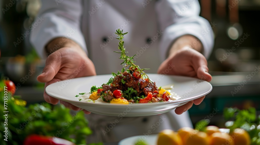 Chef presenting a gourmet dish, featuring grilled meat, colorful vegetables, and garnish. Chef presenting a gourmet dish, featuring grilled meat, colorful vegetables, and garnish.
