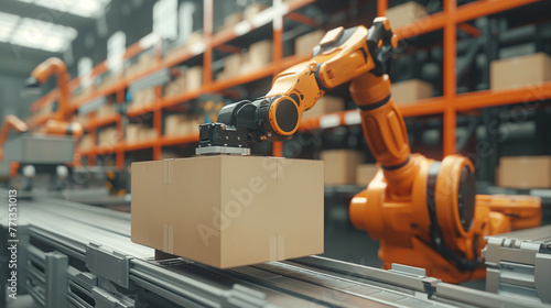Innovative industrial robots that replace human labor Automated warehouse concept with 3D automated robots, artificial intelligence for revolutionizing industries and production processes. photo