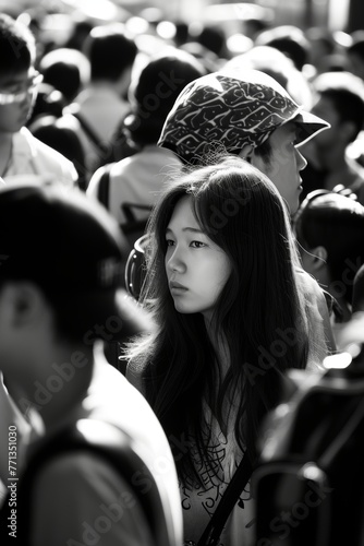 Young woman standing out in a busy, crowded street in monochrome.