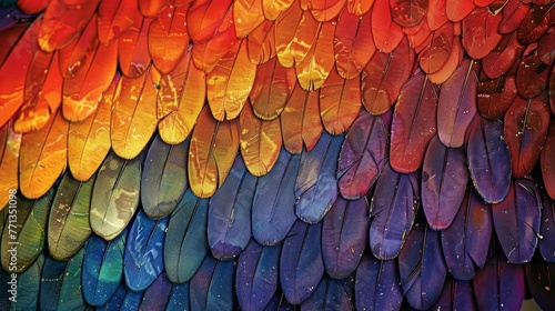 A colorful feather pattern with a rainbow of colors. The feathers are arranged in a way that creates a sense of movement and flow. The image conveys a feeling of freedom and natural beauty photo