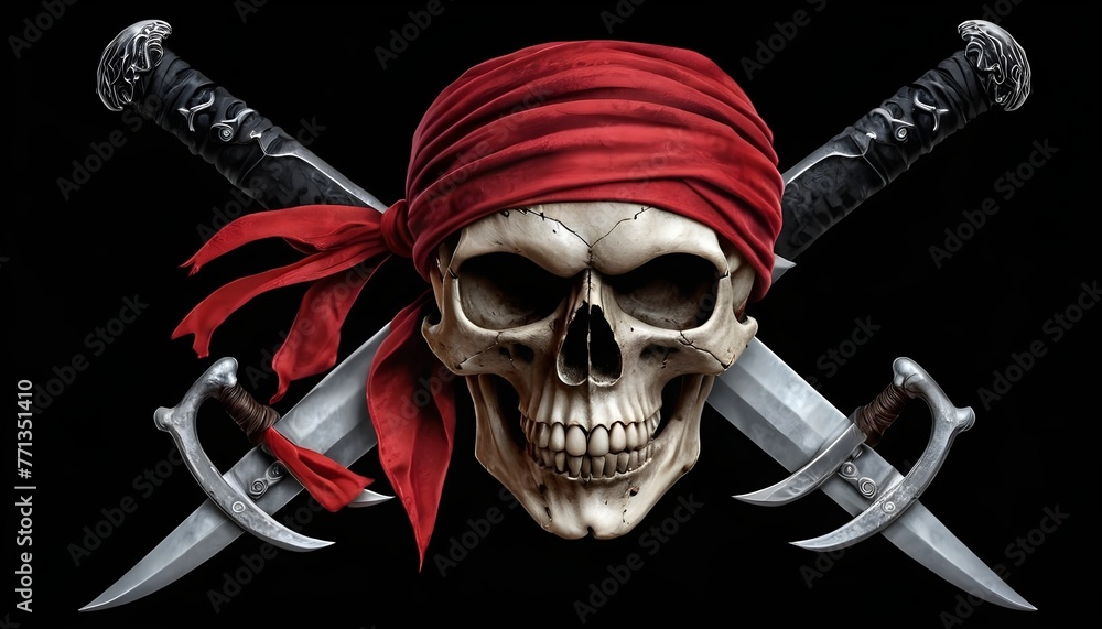 Naklejka premium Pirate symbol with skull, red bandana and crossed swords on black background, fantasy, steampunk, vintagem horror, adventure, caribbean