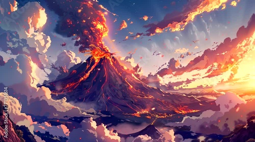 Volcano with majestic peak and molten lava. Fantasy landscape anime or cartoon style, looping 4k video animation background