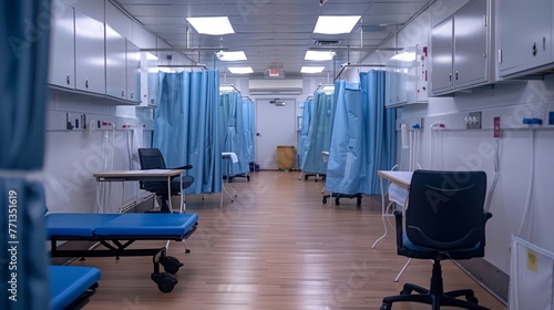 Empty Hospital Ward with Beds and Privacy Curtains. Empty hospital ward equipped with patient beds and privacy curtains, depicting a quiet moment in healthcare. photo