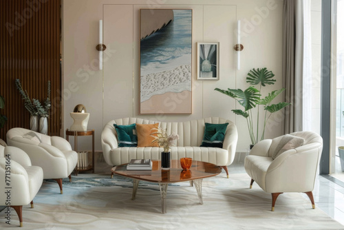 Modern Scandinavian White Art Deco style house interior and living room Natural Materials. © BoubouArt