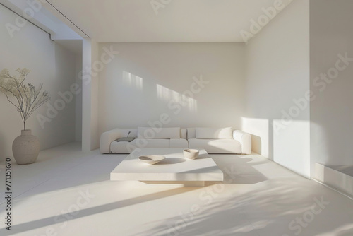 Modern Scandinavian White Minimalist style house interior and living room Biophilic Design.